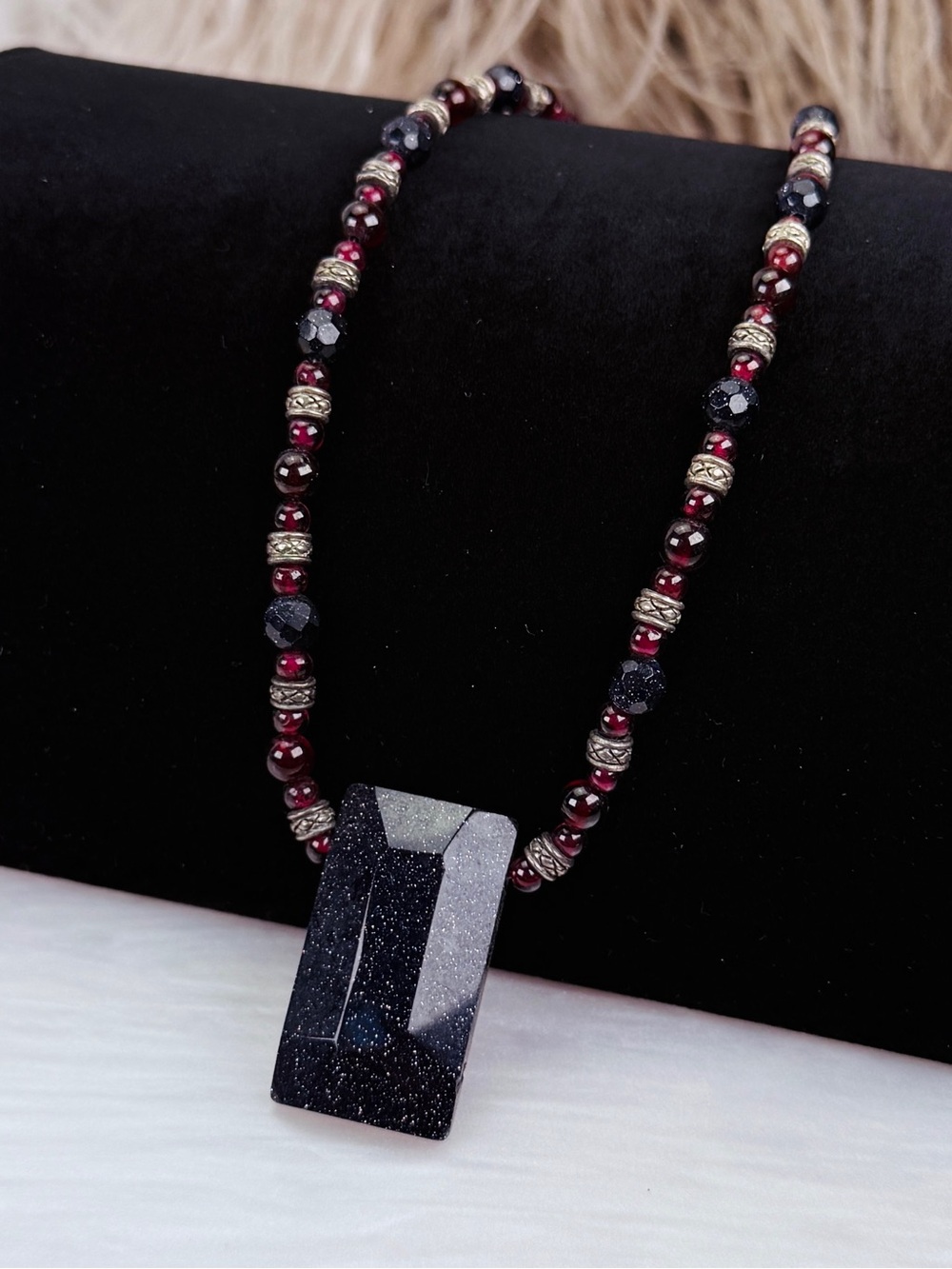 Vintage 925 Blue Goldstone Pendant Beaded Necklace Materials